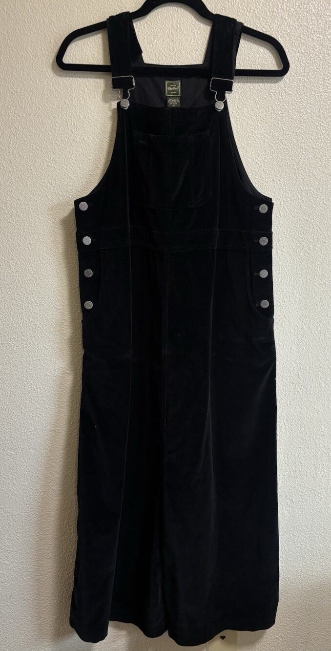 Vintage Eddie Bauer Black Velvet Bib Overall Dress Women’s Size Medium Petite MP